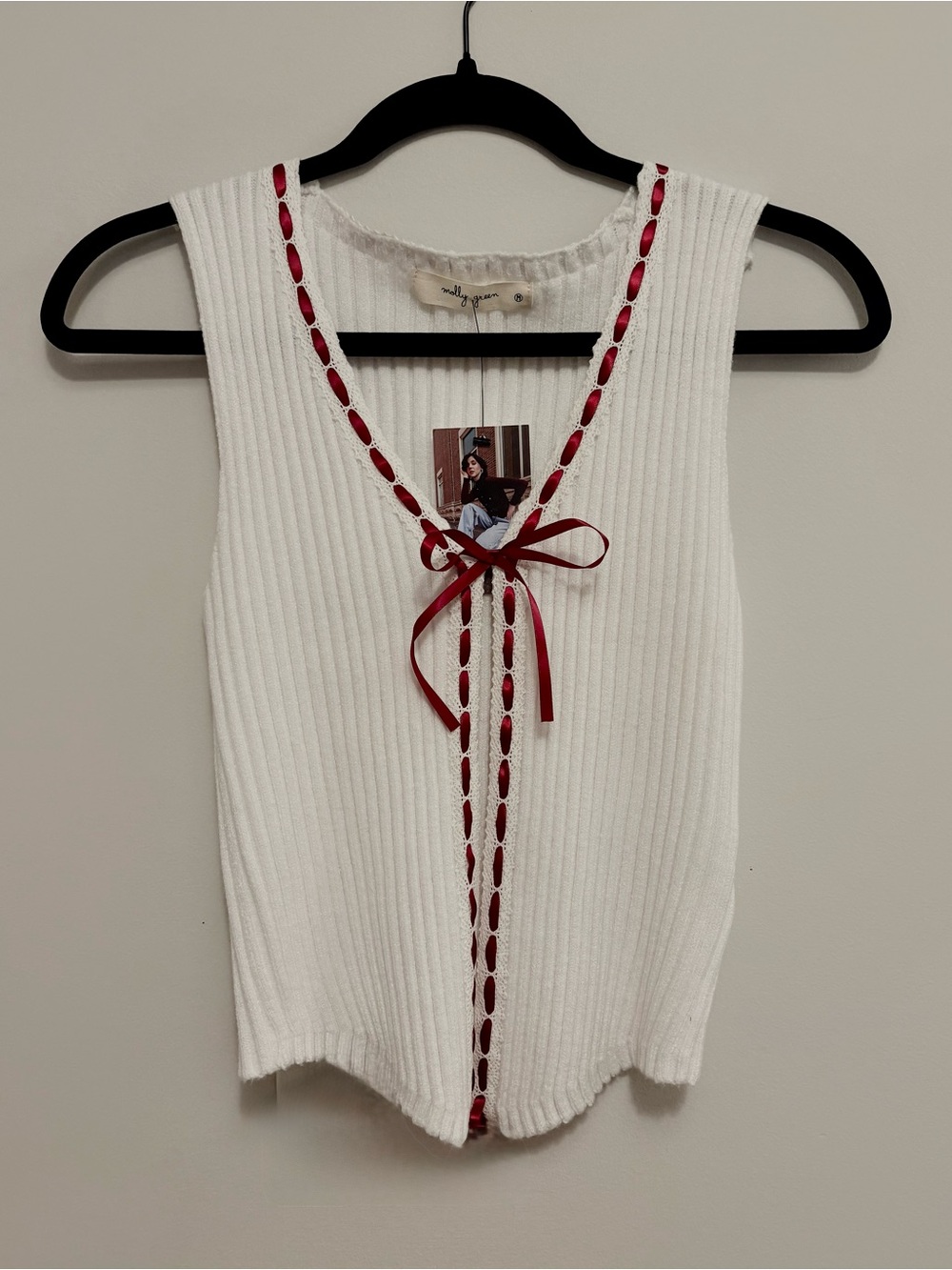 White Ribbed V-Neck Crop Tank with Red Ribbon Trim